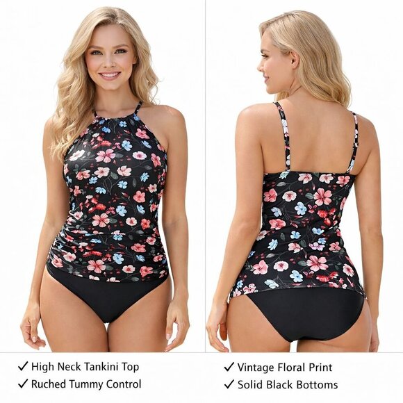 Tempt Me Other - XS Black Pink Floral Print Tankini Set High Neck Tummy Control 2 Piece NWT